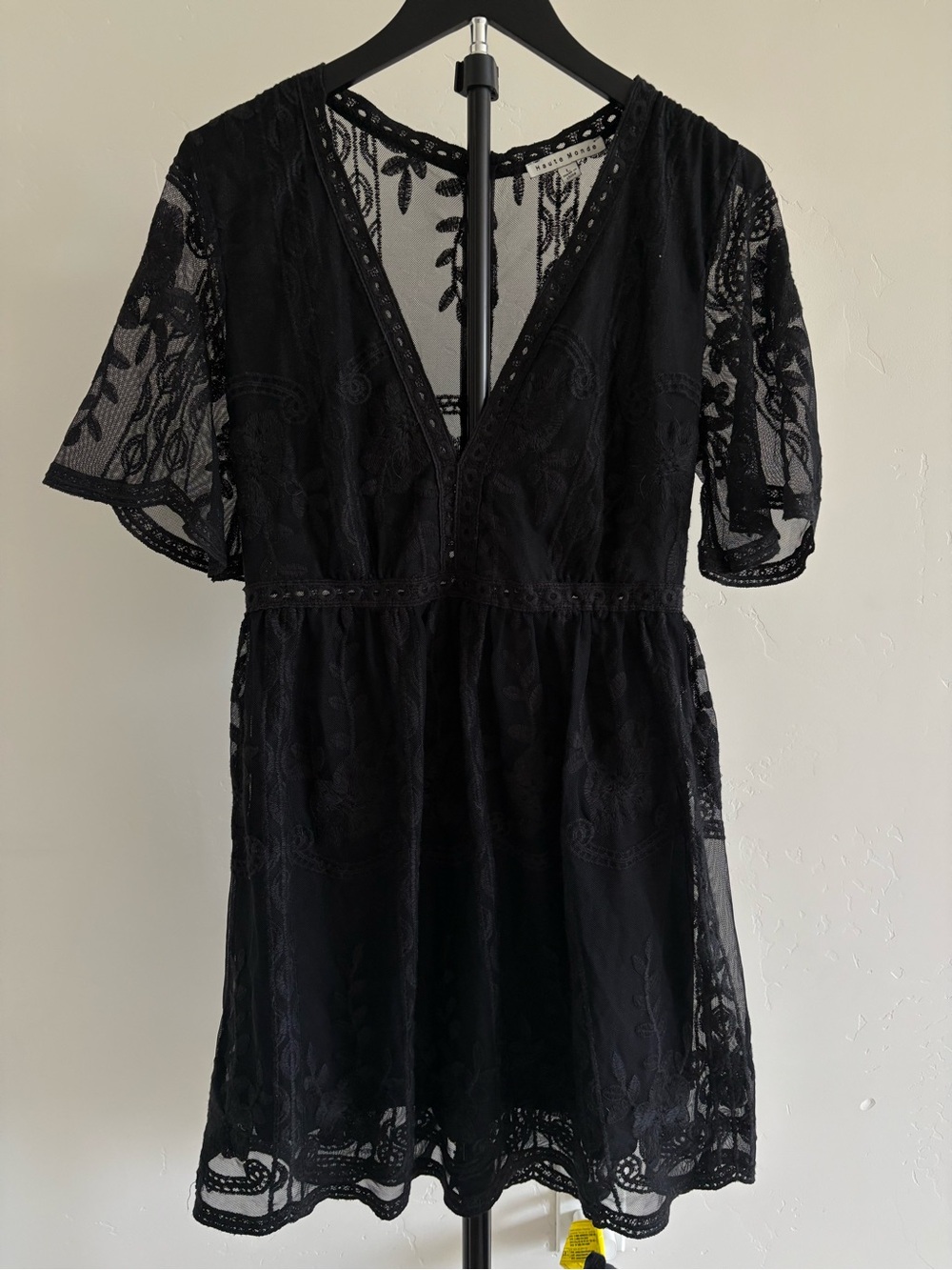 Haute Monde Black Floral Embroidered Lace Mini Dress Size L